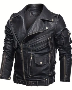 XXXL Mens Black Biker Jacket Classic Motorcycle Style Zipper Front - Picture 1 of 9