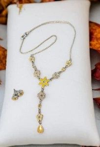 SAQ Yellow Enamel Flower Silvertone Necklace & Earring Set Fashion Jewelry - Picture 1 of 6
