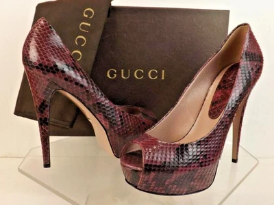 NUEVO EN CAJA ZAPATOS DE SALÓN GUCCI BORGOÑA VINO PITÓN CUERO LILI PEEP TOE PLATAFORMA 39 9 $1150 Foto 1 de 4