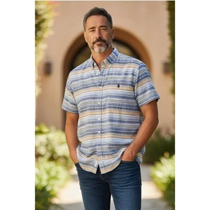 U.S. Polo Assn. Camisa Para Hombre Grande Azul Botón Rayas Manga Corta Cuello  - Imagen 1 de 5