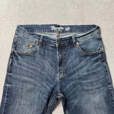 Pantalones de mezclilla retro Wrangler para hombre 34x34 azul algodón desteñido corte bota ajustado adulto Foto 1 de 4