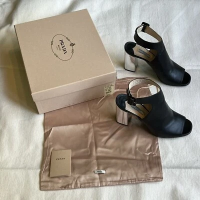 Sandalias PRADA Mule Cuero Negro Plata Bloque Tacón Alto Zapatos Talla 40 EE. UU. 10 Foto 1 de 4