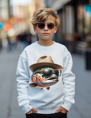 Kids salmon fish crewneck sweatshirt childs fun gift idea jumper for fly fishing - Image 1 of 4