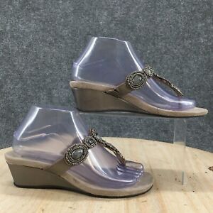 Minnetonka Sandals Womens 7 Uptown Thong Beaded Wedge Heels 71100 Brown Leather