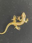 Brooch Gold Tone Lizard Geico 3 Inches Long Clear Stones Red Glass Eyes