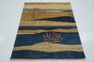 4 x 4 Fuß blauer Landschaft Gabbeh afghanischer handgeknüpfter Wollstamm quadratischer Bereich Teppich - Bild 1 von 17