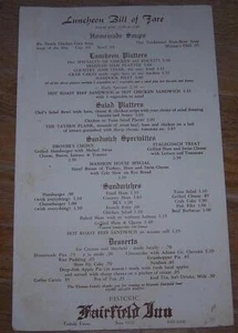 Historic Fairfield Inn Fairfield Pennsylvania Luncheon Menu Vintage Restaurant - Picture 1 of 1