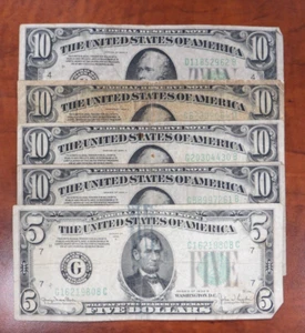 1934 Vier 10 und eine 5 Dollar Federal Reserve Scheine 45 $ Nennwert! Lot 066 - Bild 1 von 7