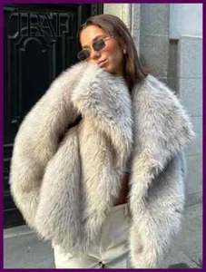 Abrigo Chaqueta de Piel Tejida Cuello Suelto Manga Larga Color Metal Lentejuelas - Imagen 1 de 26