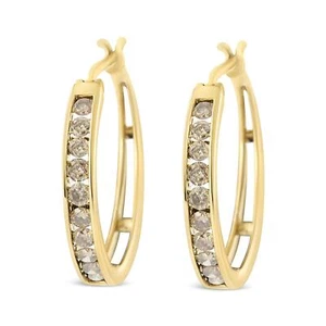1 Carat Champagne Diamond Hoop Earring in 14K Yellow Gold Plated Sterling Silver - Picture 1 of 6