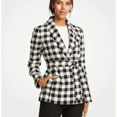 Ann Taylor Checked Belted Tweed Thick Wool Blend Knit Blazer Jacket Size Medium - Image 1 of 4