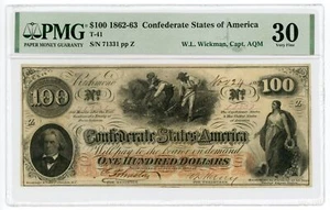 1862 T-41 $100 Confederate States of America Note - W.L. Wickman Capt AQM Issued - Picture 1 of 3