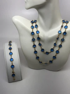 De Colección SWAROVSKI Conjunto Collar y Pulsera Bisel Azul Conjunto Tono Dorado 36" Marca Cisne - Imagen 1 de 8