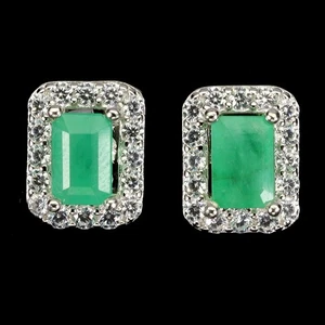 925 Sterling Silver Earrings Octagon Emerald 6x4mm Natural Gemstone Jewelry - Picture 1 of 13