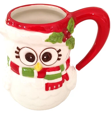 Fitz And Floyd Christmas Owl Mug With Scarf White Red Big Eyes Festive Retro - Image 1 of 4