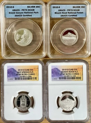 2010 NGC PF69 Ultra Cameo Clad Quarters ANACS PR70 Silver Mt. Hood Grand Canyon - Image 1 of 4