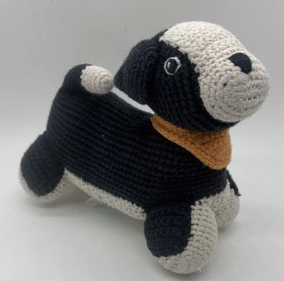 Pebble Crochet Cotton Dog Baby Rattle Plush Stuffed Toy Black White 7” All Ages - Image 1 of 4
