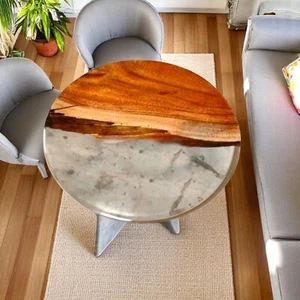 Round Epoxy Resin Coffee End Table Top Acacia Wood Handmade Art Hallway Decors - Picture 1 of 9