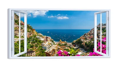 LUXHOMEDECOR Quadro Stampa su Tela con Telaio in Legno Finestra costiera amalfitana