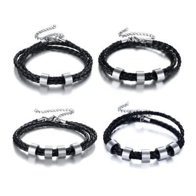 Personalized DIY ID Family Name Men Braided Leather Bracelet Wristband Xmas Gift - Image 1 of 4