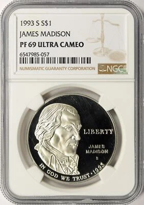1993-S $1 James Madison Silver Commemorative Dollar NGC PF69 Ultra Cameo - Image 1 of 2