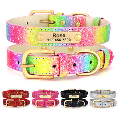 Bling Leather Dog Collar Personalized Custom Puppy Cat Pet Name Number Engraved • 11.58$