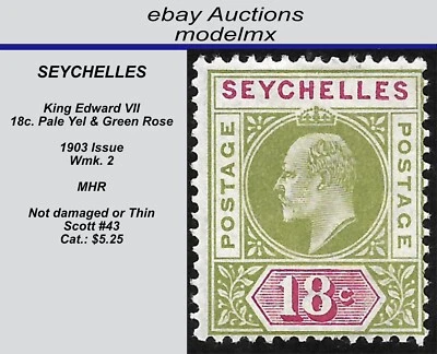 Seychelles - 1903, 18c. Amarillo pálido y rosa verde, #43, KEVII, MHR - Cat. $5,25 Foto 1 de 2