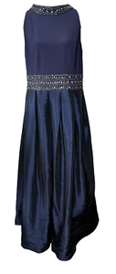 Jessica Howard Womens 16 Beaded Fit Flare Full Length Knit/Satin Navy Blue Dress - Picture 1 of 10