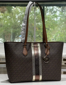 MICHAEL KORS SHEILA LARGE LAPTOP TOTE SHOULDER BAG METALLIC MK BROWN STRIPE LOGO - Picture 1 of 11
