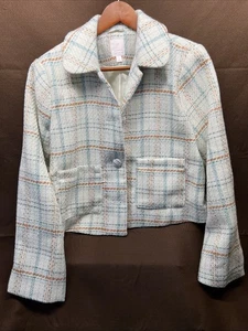 LC Lauren Conrad Blazer Jacket Womens Tweed White w/ Blue & Tan Stripes Size L - Picture 1 of 16