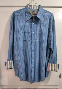 Camicia Robert Graham con polsino azteco 3XL blu ricamata manica lunga con bottoni - Foto 1 di 10