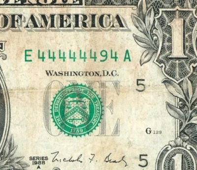 ((CASI SÓLIDO - BINARIO)) $1 1988 - 444444494 - MONEDA NÚMERO DE SERIE DE LUJO Foto 1 de 3