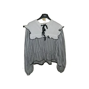 H&M Tie detail black & white striped frill Trimmed blouse medium Damson Madder - Picture 1 of 4