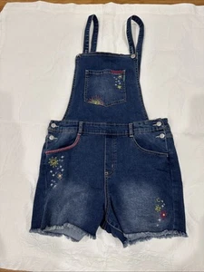 Cat and Jack Stretch Denim Overalls Shorts Embroidered Shortalls Girls XL 14-16 - Picture 1 of 7