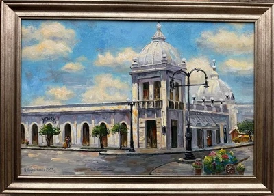 Pintura al óleo original estilo impresionista paisaje mercado antiguo arte firmado Foto 1 de 3