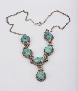 Vintage Sterling Silver Turquoise Necklace 925 Oval Cabochon 34.58g - Picture 1 of 12