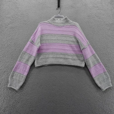 NYC Knits Womens Purple Stripe Mock Neck Cropped Sweater Pullover Large NEW - Image 1 of 4