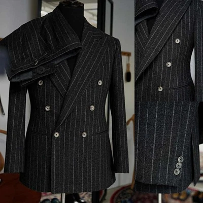 Blazer formal de doble botonadura con solapa de pico traje clásico a rayas para hombres de negocios Foto 1 de 4