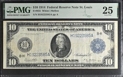 Series Of 1914 $10 Large Size Federal Reserve Note St. Louis Fr#935 PMG VF25 #10 - Image 1 of 2