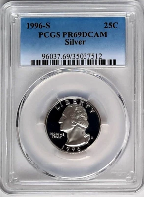 1996-S Silver Washington Quarter- PCGS PR69 DCAM-Fading Blue Label. - Image 1 of 4