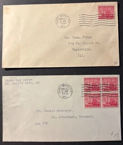 #736 Maryland Tercentennial FDC, single and block of 4 without cachet - Picture 1 of 1