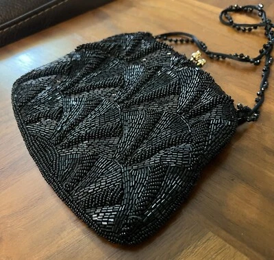 旧库存复古 Walborg 单肩包黑色串珠链钱包手拿包 — 第 1/4 张图片