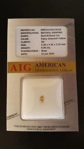 NATURAL LOOSE 0.45ct OVAL BRILLIANT CUT, FANCY GREENISH YELLOW DIAMOND, AIG CERT - Picture 1 of 6