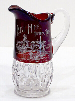 Antique HIBBING MINNESOTA RUST MINE Ruby Red EAPG Pattern Glass SOUVENIR PITCHER • 74.95$