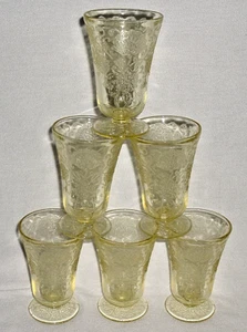 6- Yellow Depression Glass FLORENTINE 2 POPPY 4.75" *Footed WATER TUMBLERS *MINT - Picture 1 of 4