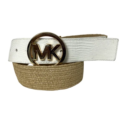 Cinturón elástico Michael Kors de cuero blanco y tostado para mujer L dorado hebilla MK Foto 1 de 4