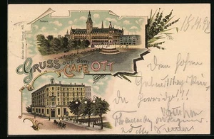 Lithographie Hamburg, Cafe Ott, Rathaus 1898 - Bild 1 von 2