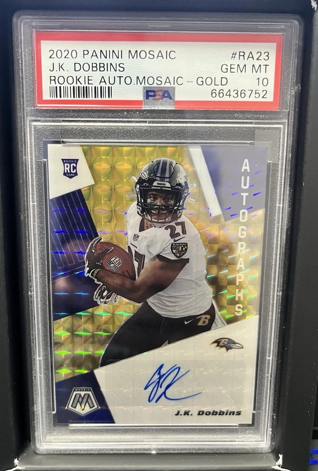 2020 Panini Mosaic J.K. Dobbins Rookie Auto Mosaic-Gold 05/10 Gem Mint 10 - Image 1 of 2