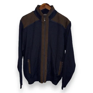 Montechiaro Navy Wool & Brown Suede Full-Zip Sweater Men’s Sz L 52 - Picture 1 of 11