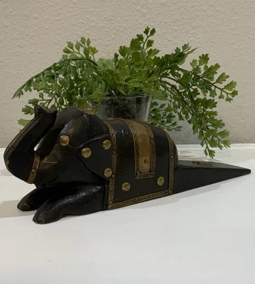 Vtg Wood Brass Hand Carved Elephant Wedge Trunk Up Doorstop Sculpture Statue - Image 1 of 4